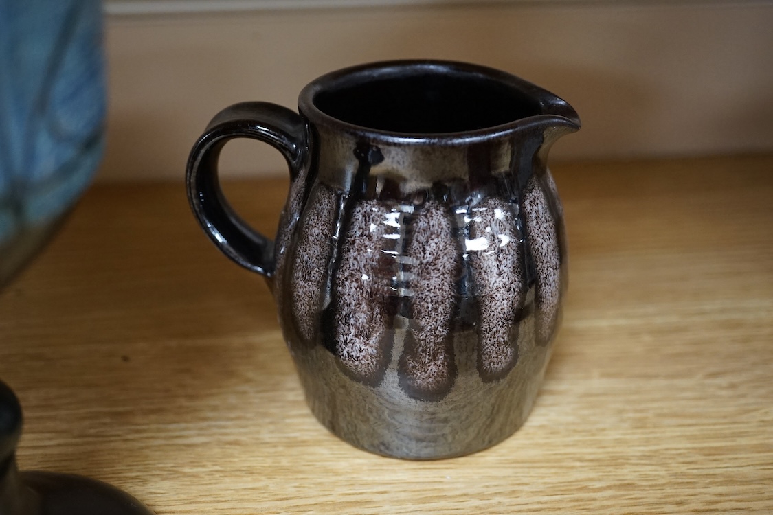 A collection of studio pottery to include a Celtic pottery Newlyn goblet, various jugs and bowls, largest 19cm high